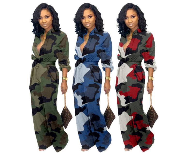 Women's Geometric Camo Print Wide Leg Pants Jumpsuit Camouflage Jumpsuit Romper - Clothing Personality