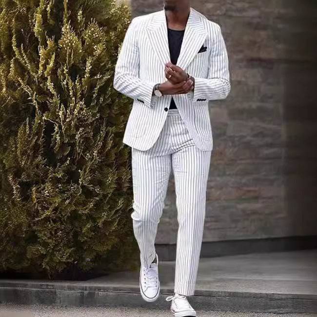 Men's Lightweight Luxury Linen Seersucker Blazer and Pants Set Slim Fit Straight Leg Business Casual Trousers Striped Suit