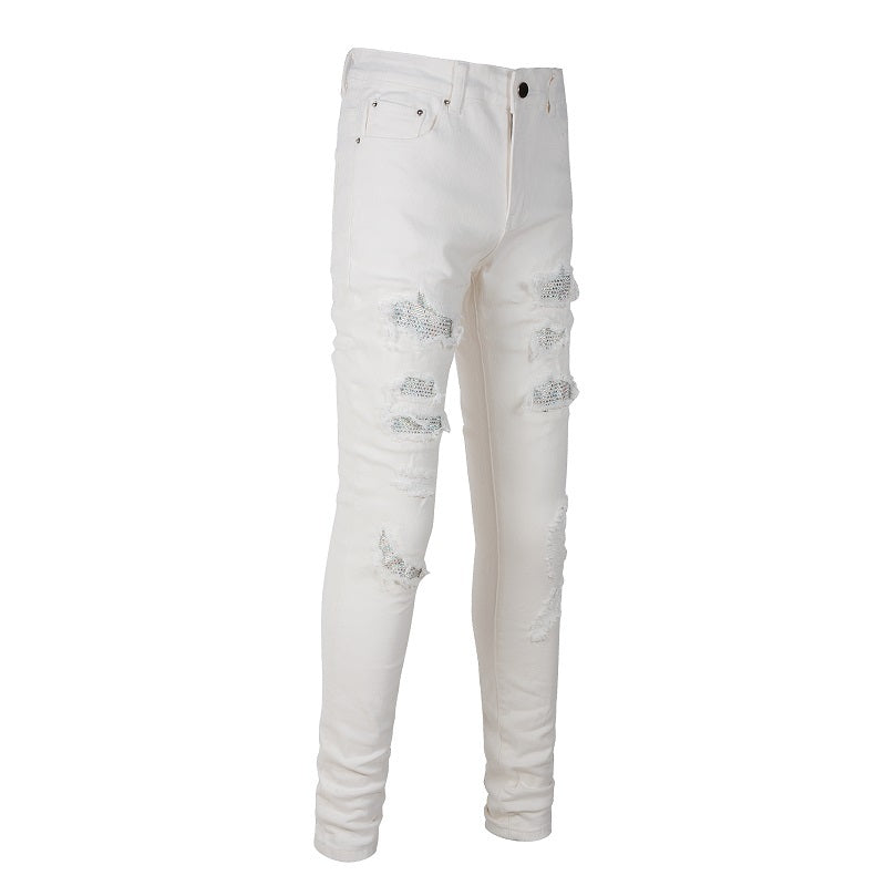 Hot Drill Patch Hole White Slim-fit Pants Male - Clothing Personality