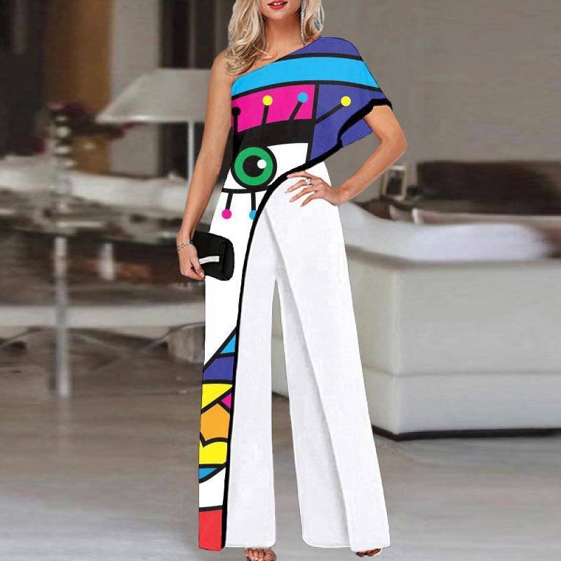 Women's Off Shoulder Printed One-Shoulder Short Sleeve Casual Wide Leg Pants - Clothing Personality