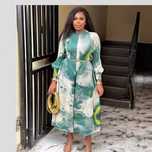 Elegant Design Printed Long Sleeve Cinched Plus Size Dress - Clothing Personality
