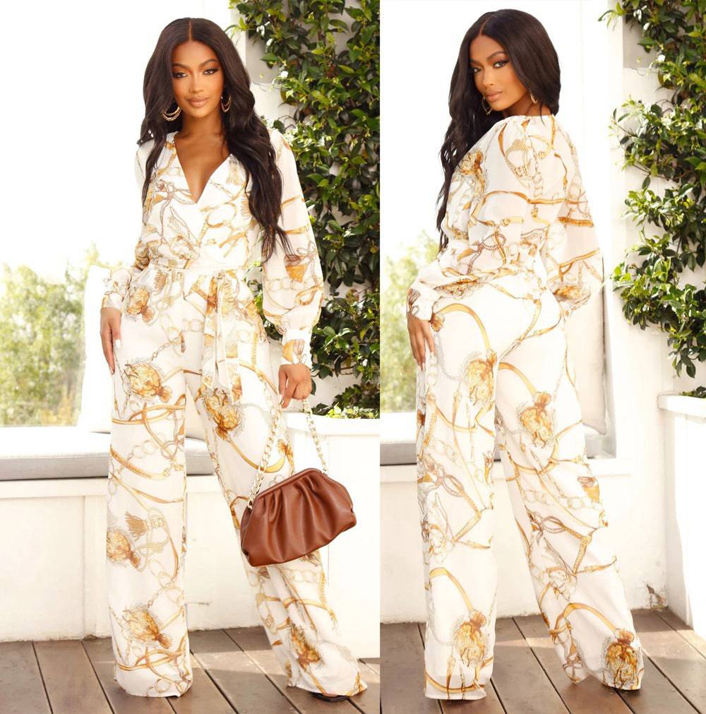 Fashion Digital Printing Long V-neck Chiffon Jumpsuit - Clothing Personality