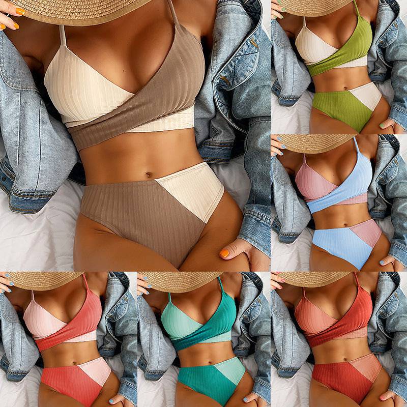 Bikini Patchwork Swimwear Ribbed Women's Swimsuit Knot Back Beachwear Ruched Butt Biquinis Bathing Suits - Clothing Personality
