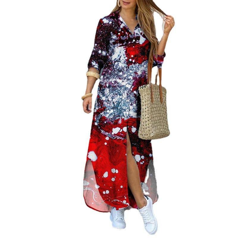 Womens Fashion Long Sleeve Printed Long Dress - Clothing Personality