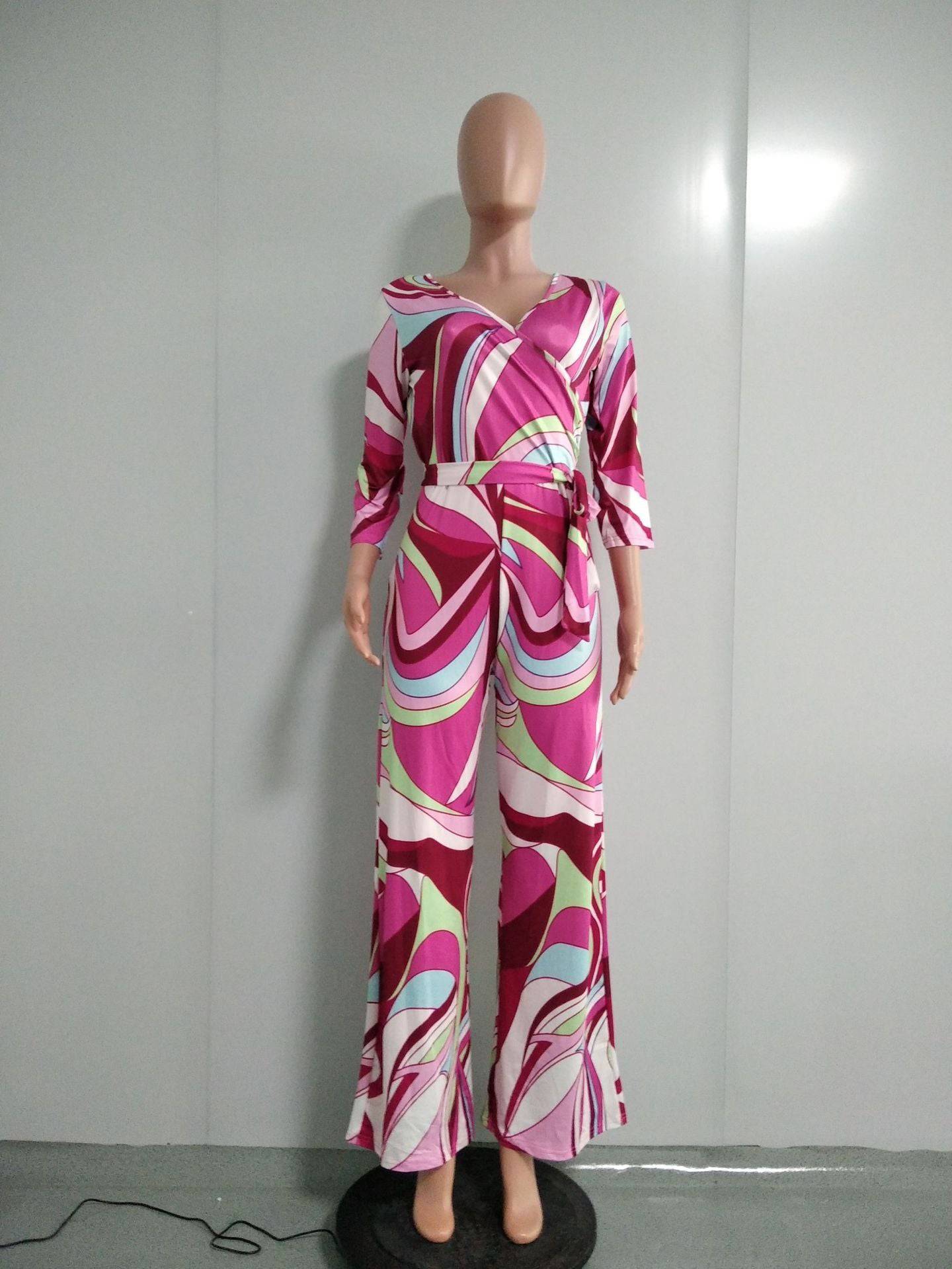 Women's V-Neck Long Sleeve Print Jumpsuit - Clothing Personality