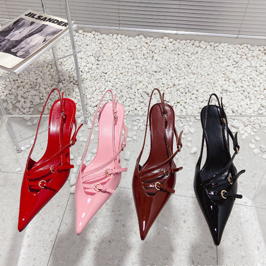 French Style Pointed Toe Kitten Heel Sandals Closed Toe Back Strap High Heels Belt Buckle - Clothing Personality