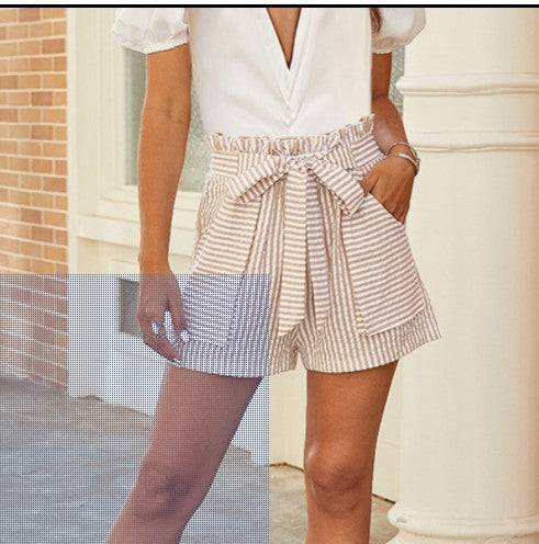 Women's Belted Loose Fit Striped Casual Shorts For Women - Clothing Personality