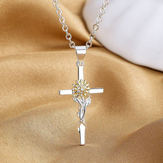 Cross Gold And Silver Two-color Sunflower Flower Hanging Women's Pendant Necklace - Clothing Personality