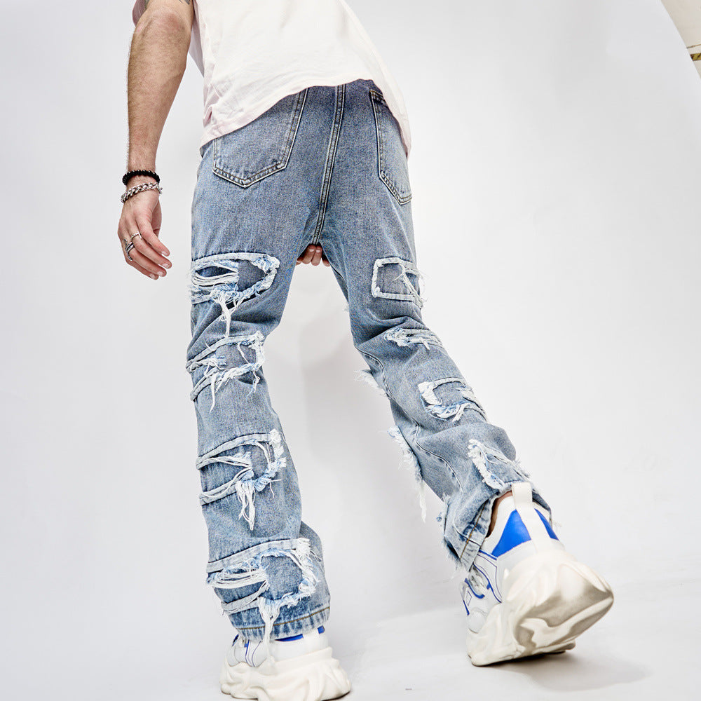 High Street Trousers Man's Pants Full Length Patched Straight Fit Men's Hip Hop Jeans - Clothing Personality