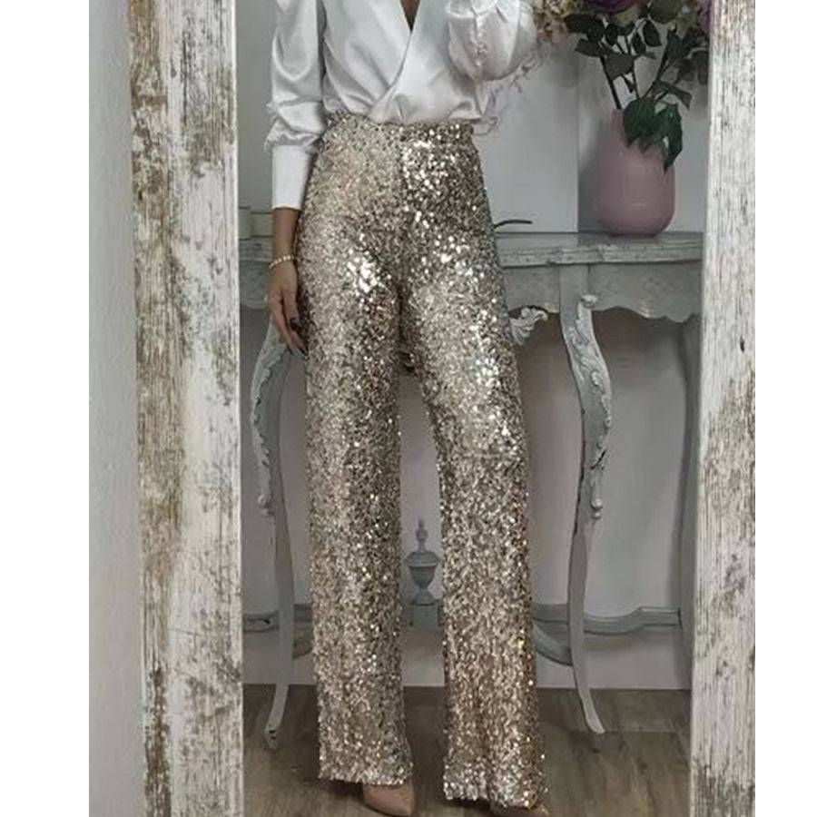 Women's Sequin Pants Party Night Out Casual Slim Fit Stretch Multi-Color Bell-bottom Pants - Clothing Personality
