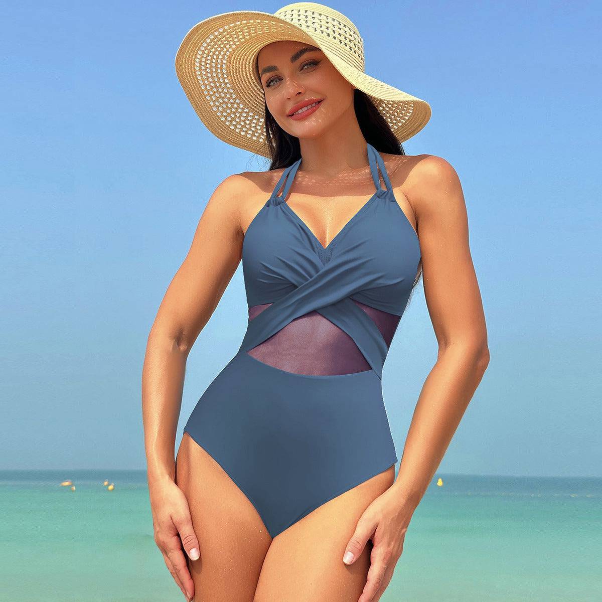 Halter-neck One-piece Swimsuit Summer Solid Color Cross-strap Design Mesh Bikini Beach Vacation Womens Clothing - Clothing Personality