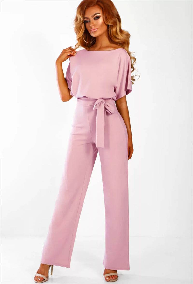 Women's Fashion Belted Short-Sleeved Loose Fit Women's Jumpsuit - Clothing Personality