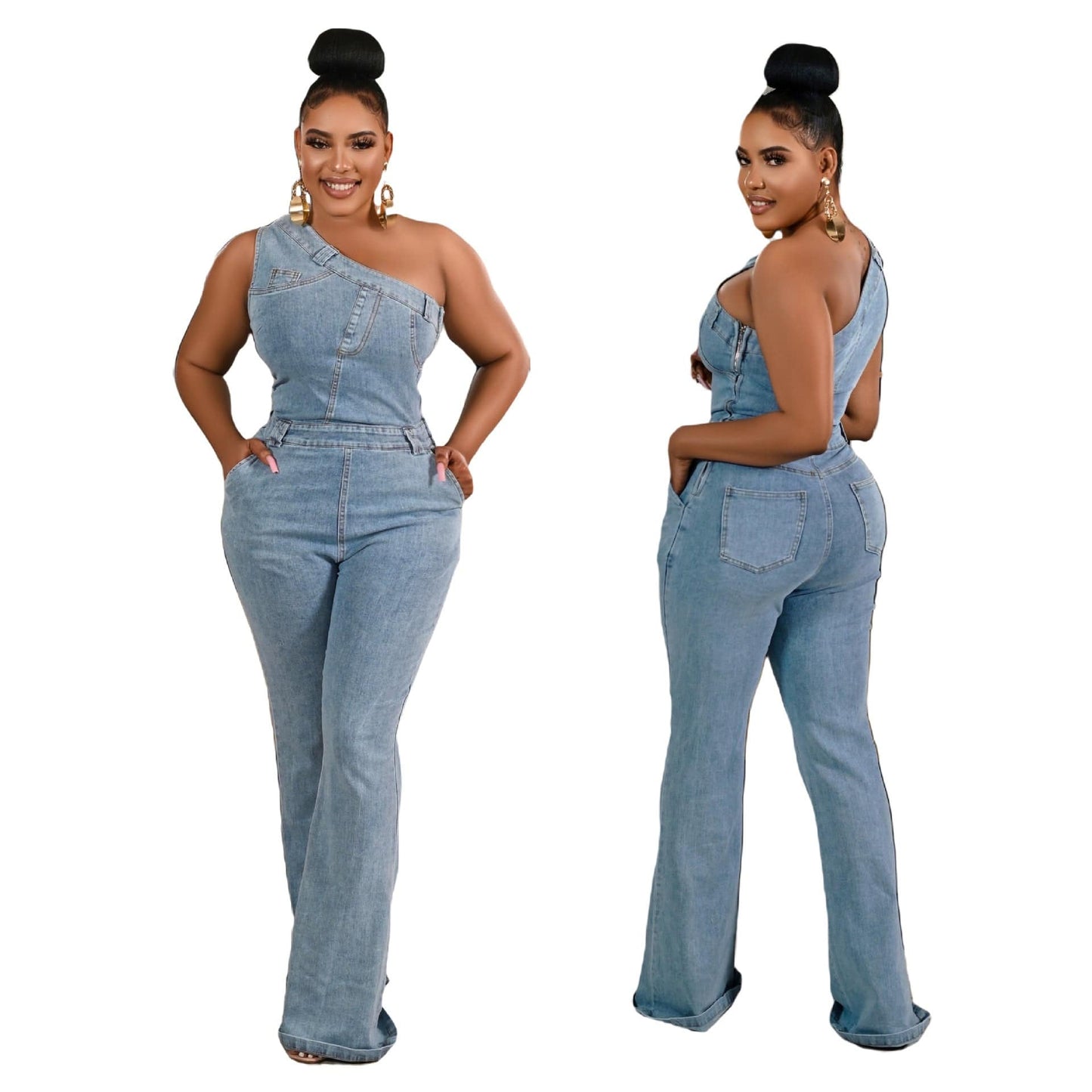 Slant Shoulder Tight Waist Slim Elastic Wash Denim Jumpsuit - Clothing Personality