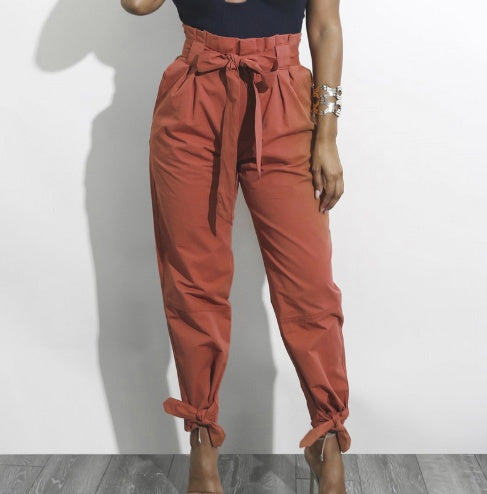CALOFE Summer Autumn Loose Bow Ruffle Women Pants Summer Casual Belt High Waist Solid Trousers Steetwear Female Pants Rust Orange -Clothing Personality
