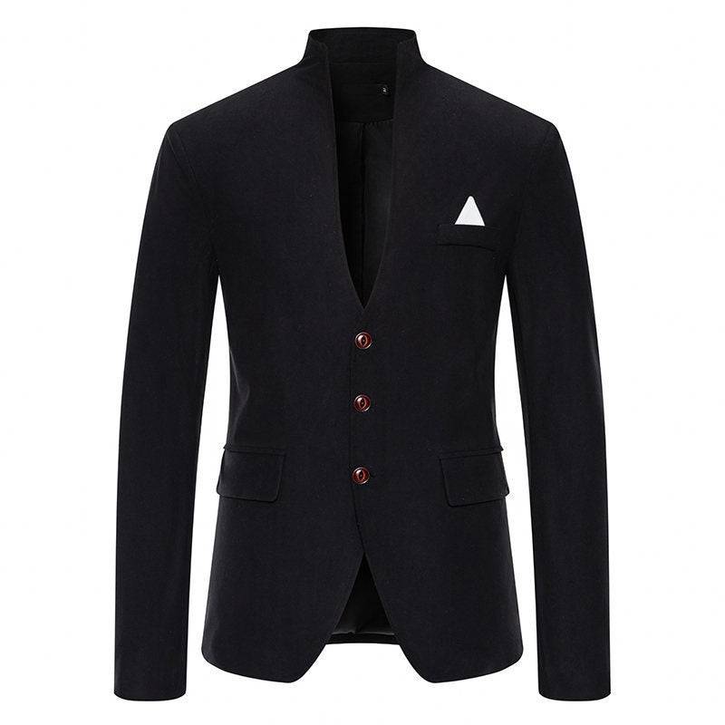 Men's Blazer Solid Color Stitching Stand-Collar Casual Slim Fit Black Suit Jacket