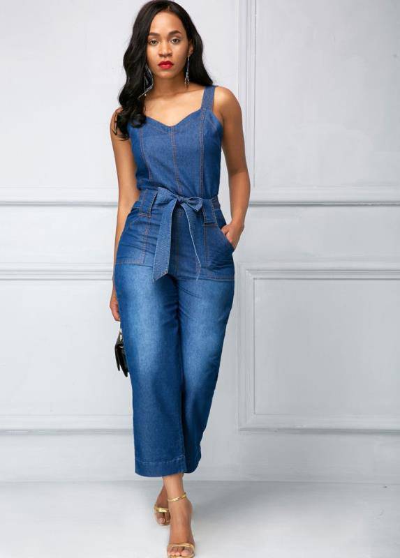 Sling Bowknot Denim Jumpsuit - Clothing Personality