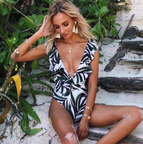 Sexy Ruffle One Piece Swimsuit Women Swimwear Push Up Monokini Bodysuit Print Swim Suit Backless Bathing Suit Beach Wear - Clothing Personality