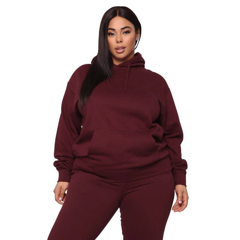 Loose And Casual Solid Color Hooded Long-sleeved Sweater Suit Plus Size - Clothing Personality