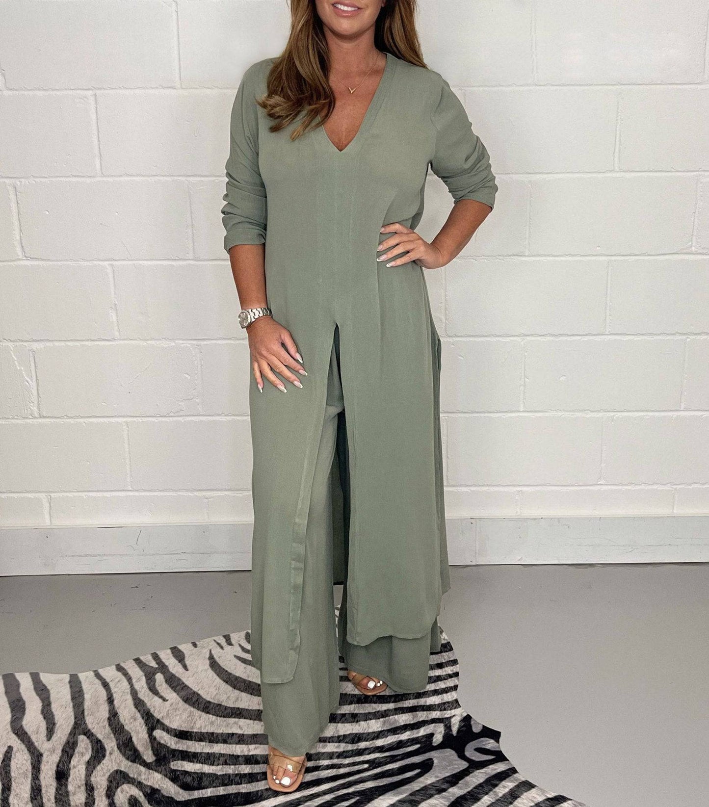 Women's Fashion Simple Solid Color Long Top Long Pants Set - Clothing Personality