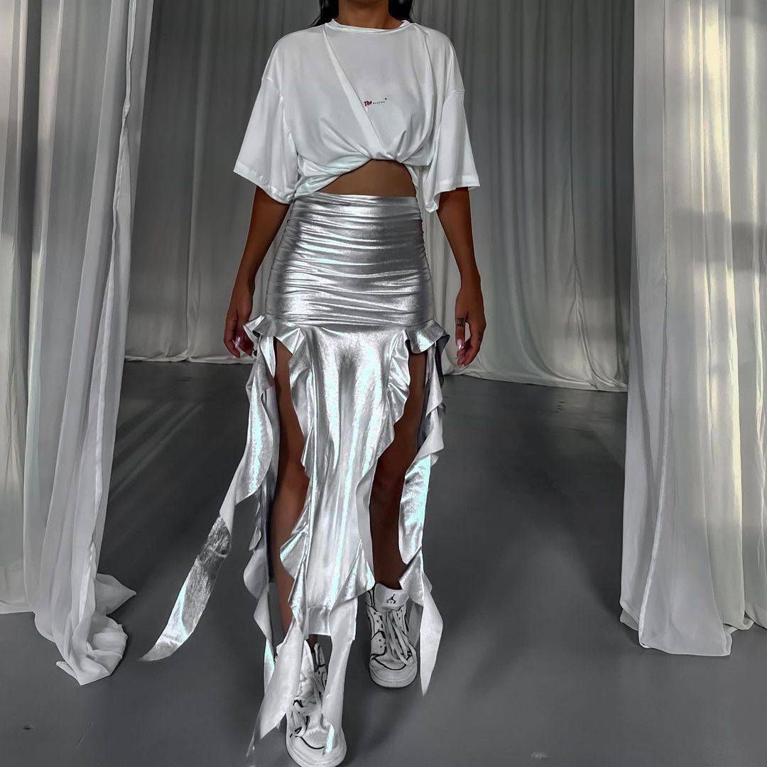 European And American Ribbon Tassel Reflective PU Fishtail Skirt Micro Elastic Irregular - Clothing Personality