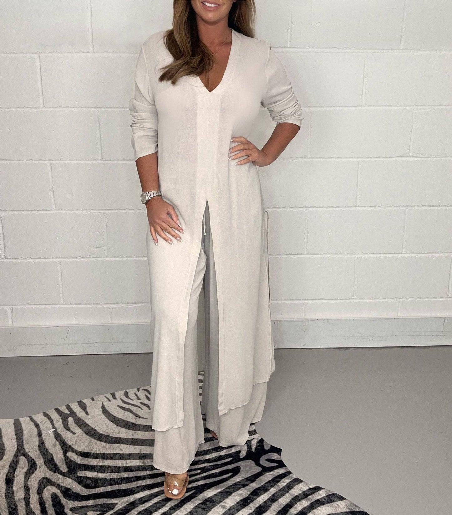 Women's Fashion Simple Solid Color Long Top Long Pants Set - Clothing Personality