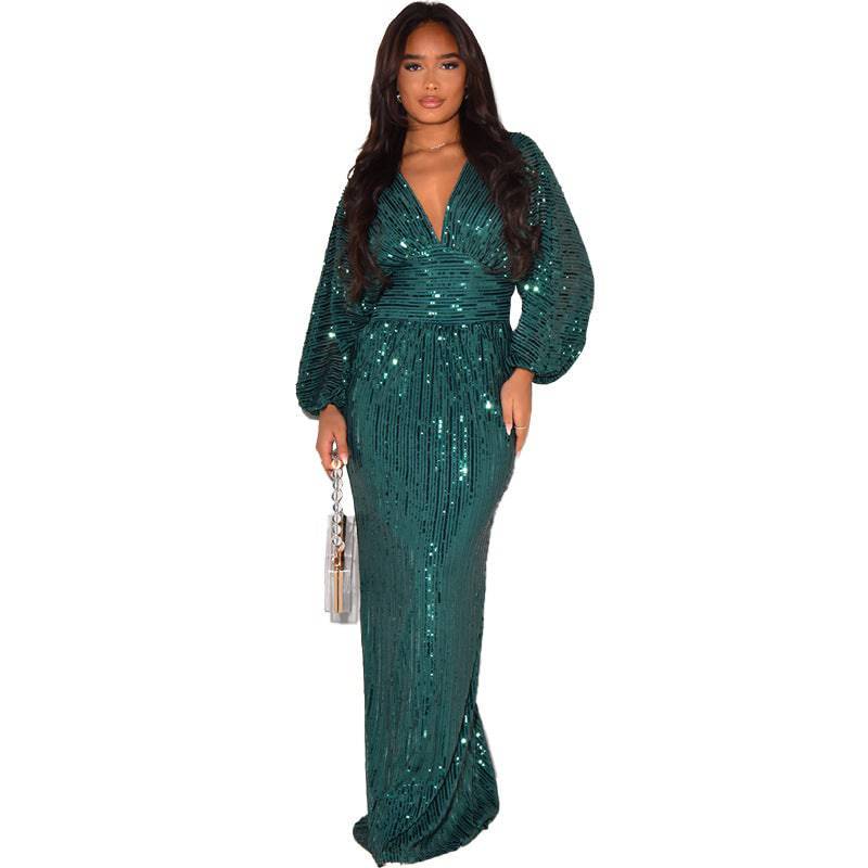 Exposed Sleeve Sexy Sequined Long Dress - Clothing Personality