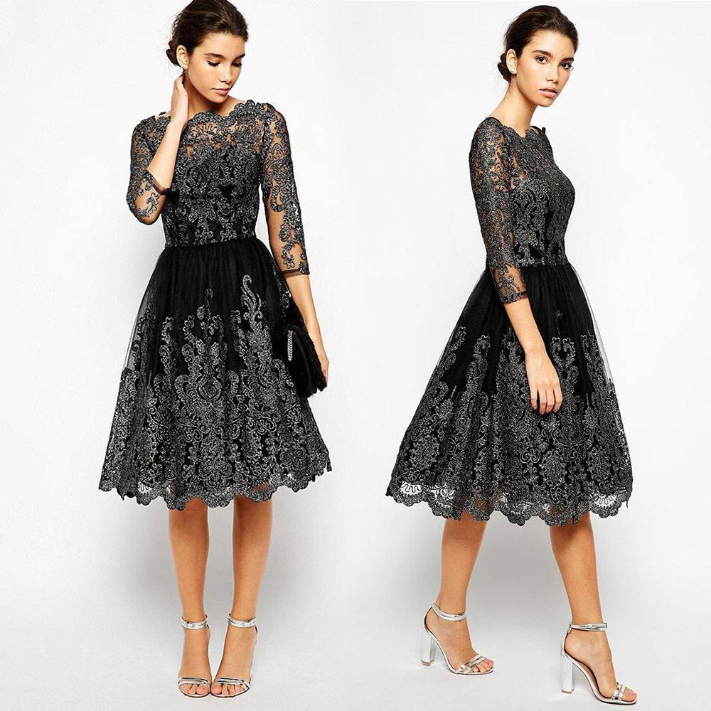 Women's Half Sleeve Embroidered Puffy Dress Midi Length - Clothing Personality