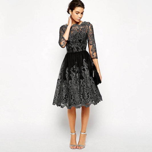 Women's Half Sleeve Embroidered Puffy Dress Midi Length - Clothing Personality