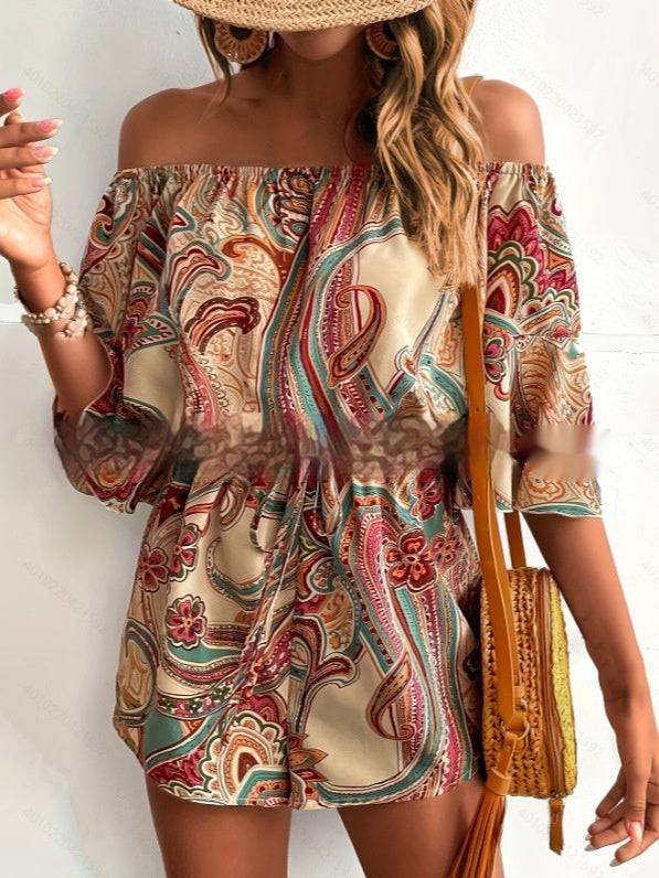 Women's Ethnic Off-Shoulder One-piece Paisley Print Shorts - Clothing Personality