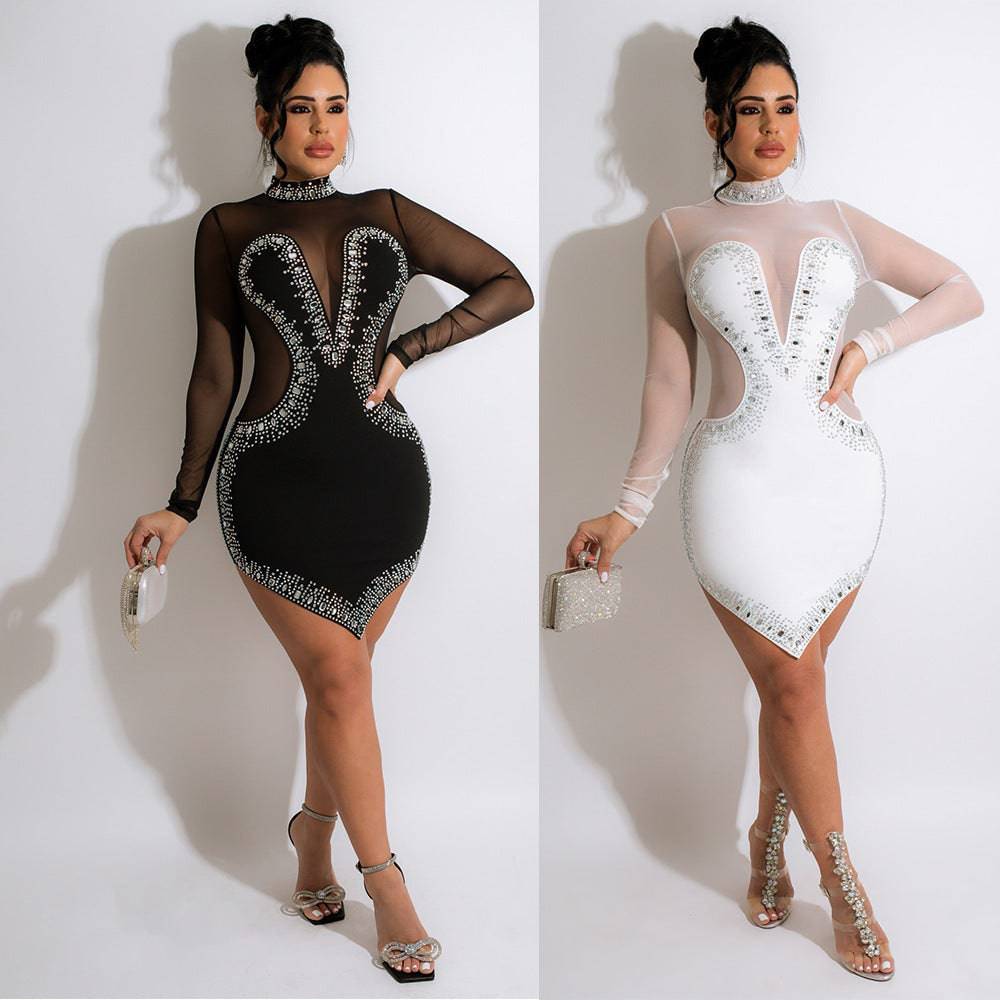 Women's Sheer Sweetheat Neckline Fitted Bodycon Mini Long Sleeve Asymmetric Dress - Clothing Personality