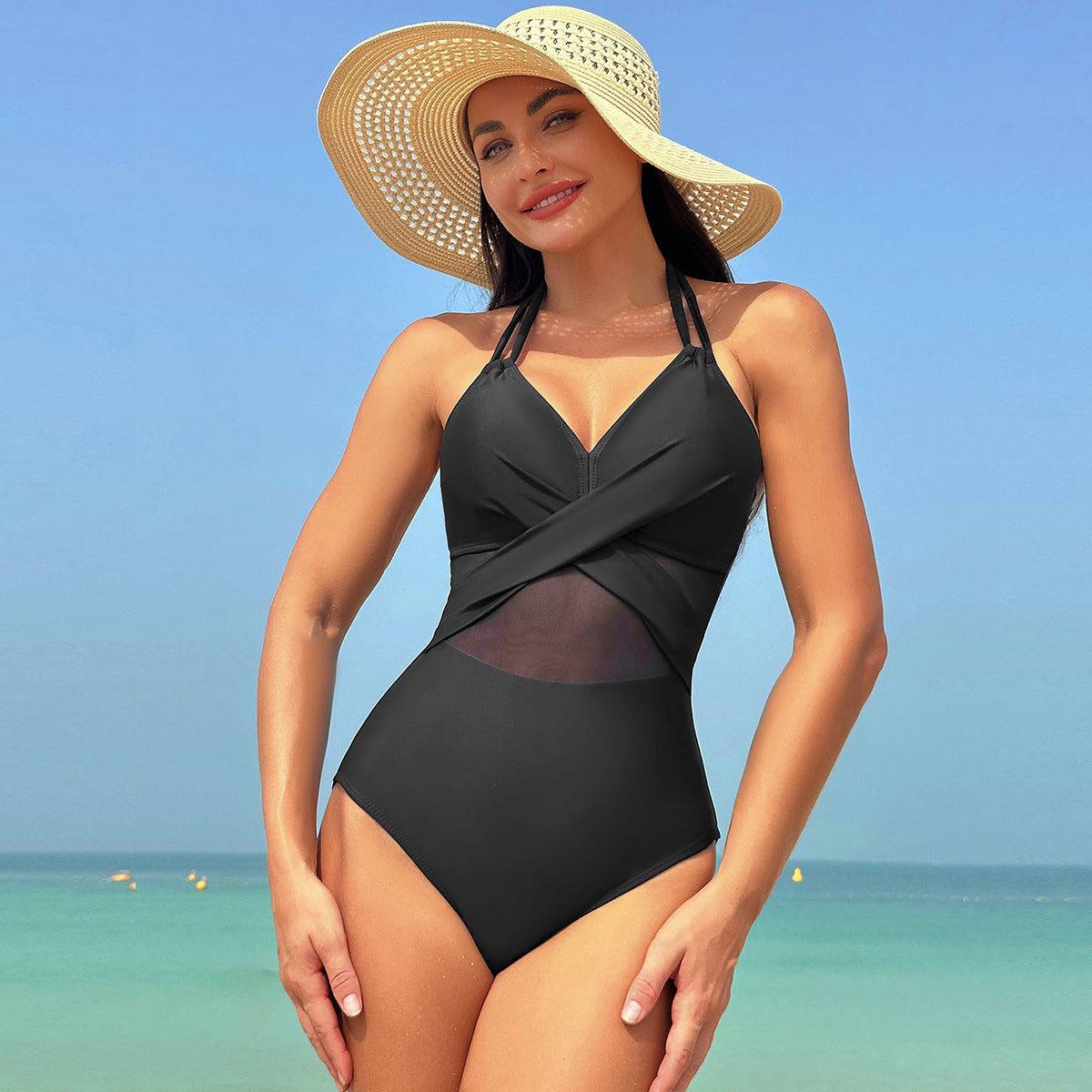 Halter-neck One-piece Swimsuit Summer Solid Color Cross-strap Design Mesh Bikini Beach Vacation Womens Clothing - Clothing Personality