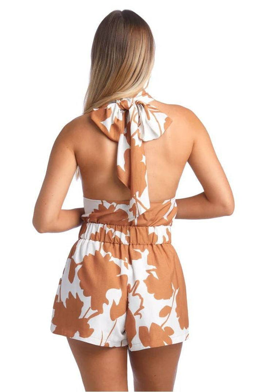Printed Lace Up Backless Top Pocket Shorts Two-piece Shorts Set Suit For Women - Clothing Personality