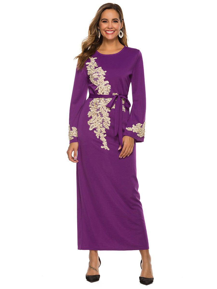 Women's Beautiful Floral Embroidered Long Sleeve Dress Muslim Embroidered dress - Clothing Personality
