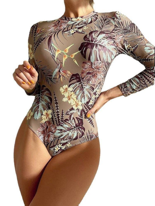 Women's Fashion Conservative Printed Long Sleeve One-piece Swimsuit - Clothing Personality