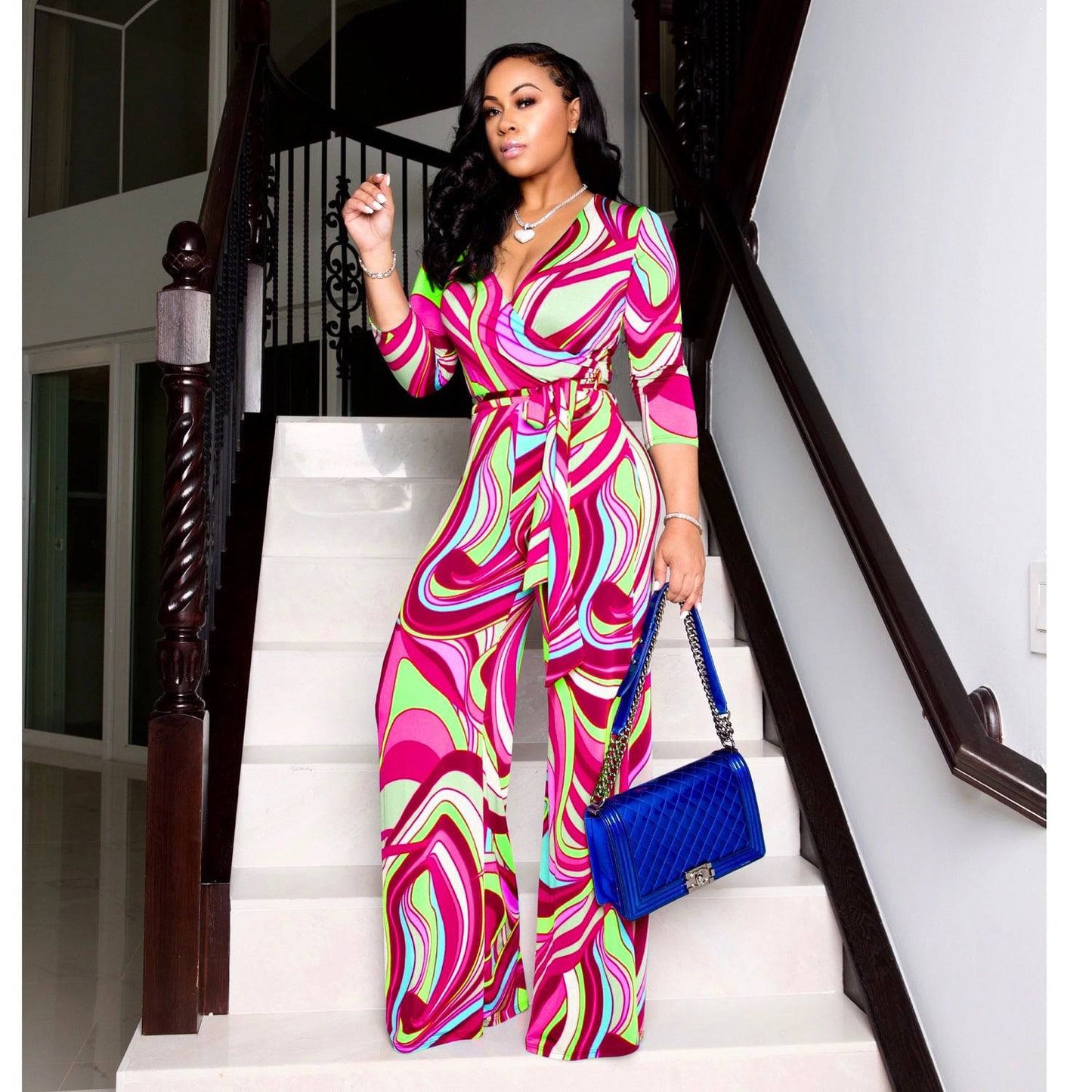 Women's V-Neck Long Sleeve Print Jumpsuit - Clothing Personality