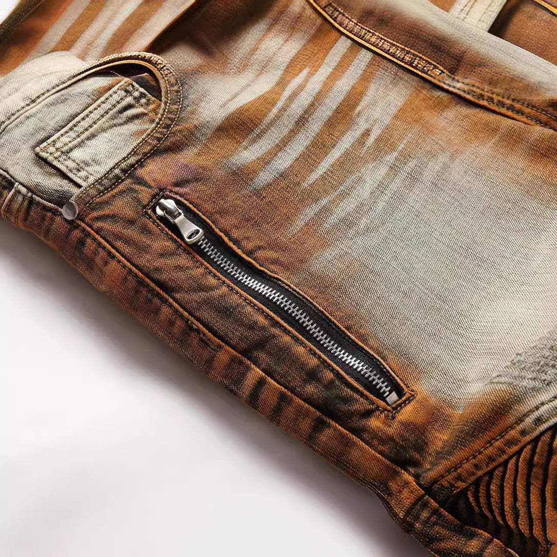 Motorcycle Pants Stretch Zipper Decorations Dyed Personalized Fashion Skinny Jeans - Clothing Personality