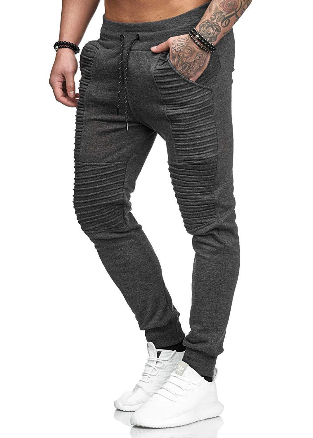 Men's Solid Ribbed Pattern Slim Fit Sweatpants Fitness Pants Cotton Joggers Gray