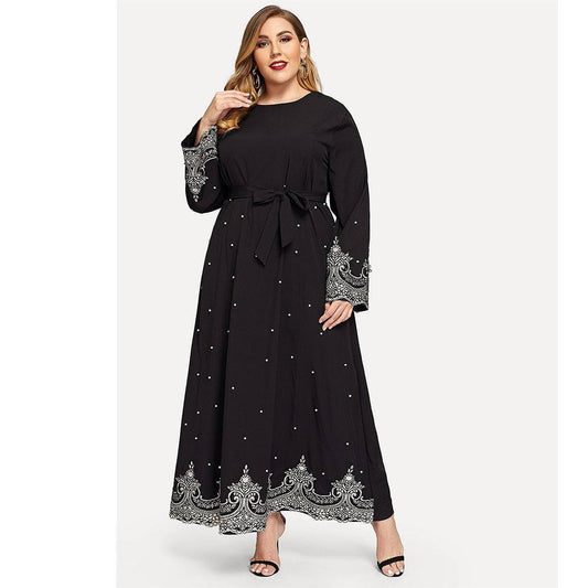Embroidered Bead Long Sleeve Plus Size Women's Dress - Clothing Personality