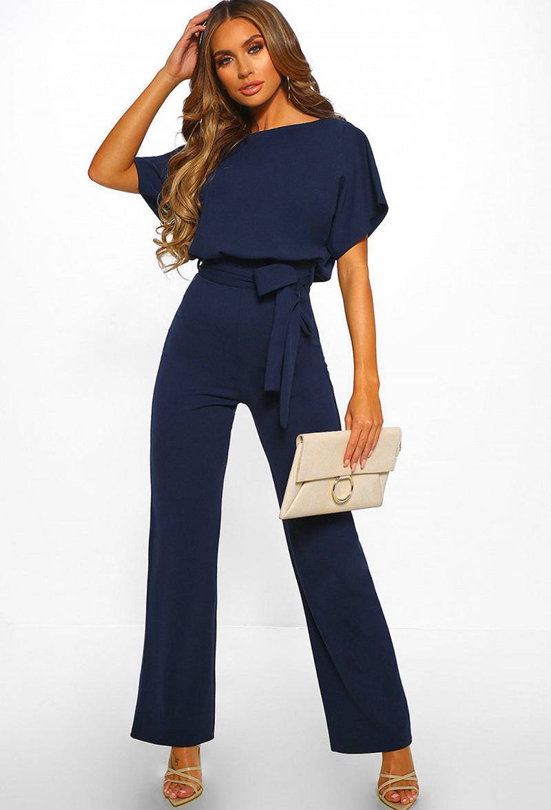 Women's Fashion Belted Short-Sleeved Loose Fit Women's Jumpsuit - Clothing Personality
