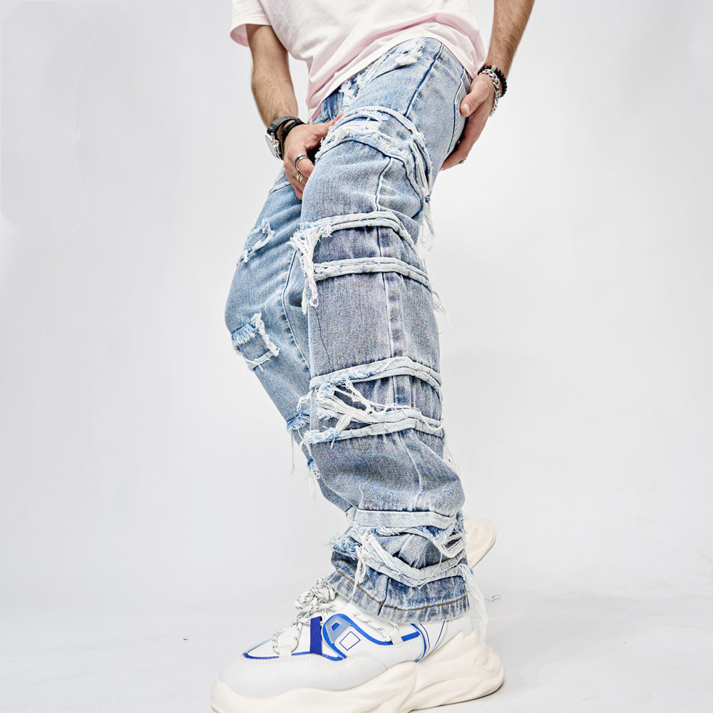 High Street Trousers Man's Pants Full Length Patched Straight Fit Men's Hip Hop Jeans - Clothing Personality