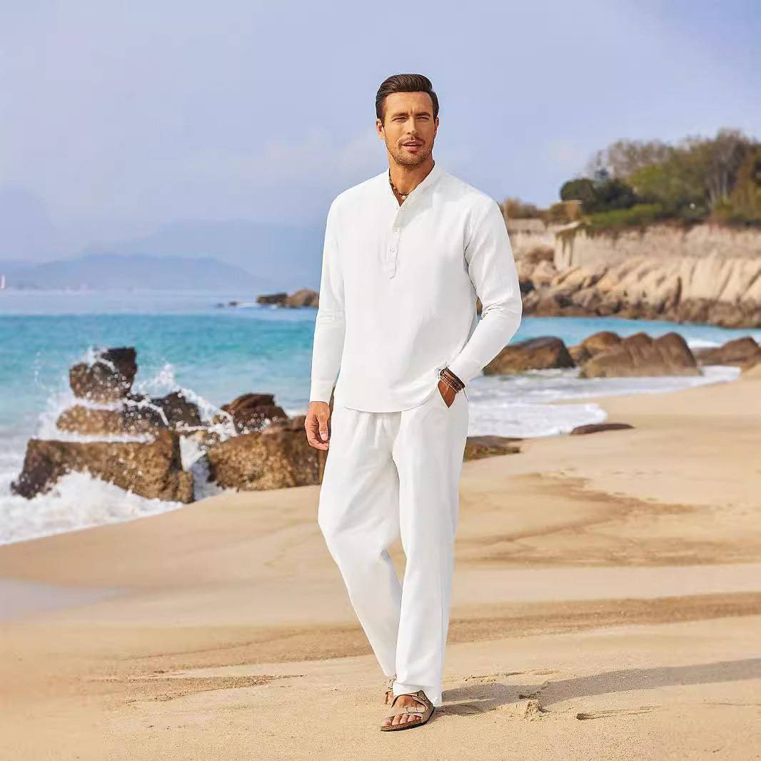 Men's Solid Color Casual Cotton White Linen Matching Pants Set Short Sleeve Top Trousers Suit Clothing Personality