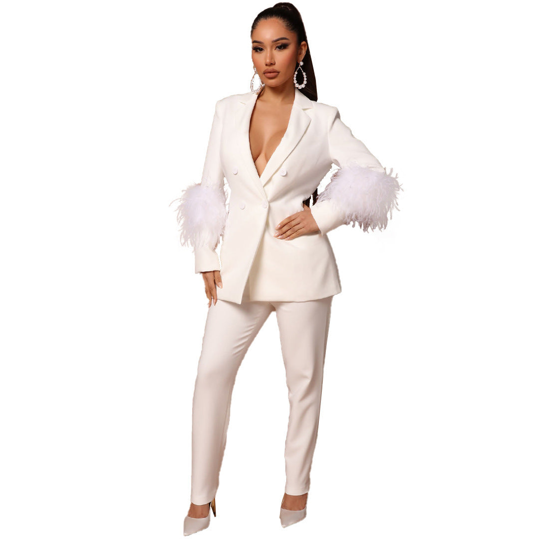 Women's Ostrich Fur Two-piece Lapel Pants Suit - Clothing Personality