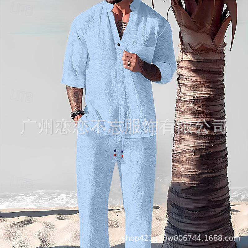 Men's Light Blue Cotton And Linen Matching Pants Set Outfit Set Short Sleeve Half Sleeve V-Neck Pants Suit Men for Spring Summer Clothing Personality
