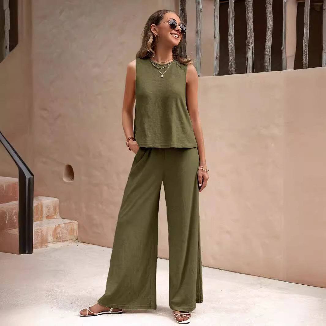 Sleeveless Solid Color Casual Loose Fit Pants Sets For Women Elegant Spring Summer Women's Two Pieces Suit Full Trouser Set Female Outfit Clothes - Clothing Personality