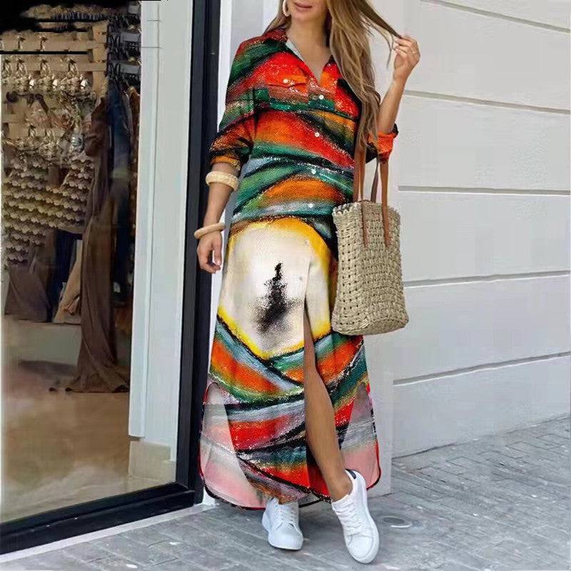 Womens Fashion Long Sleeve Printed Long Dress - Clothing Personality