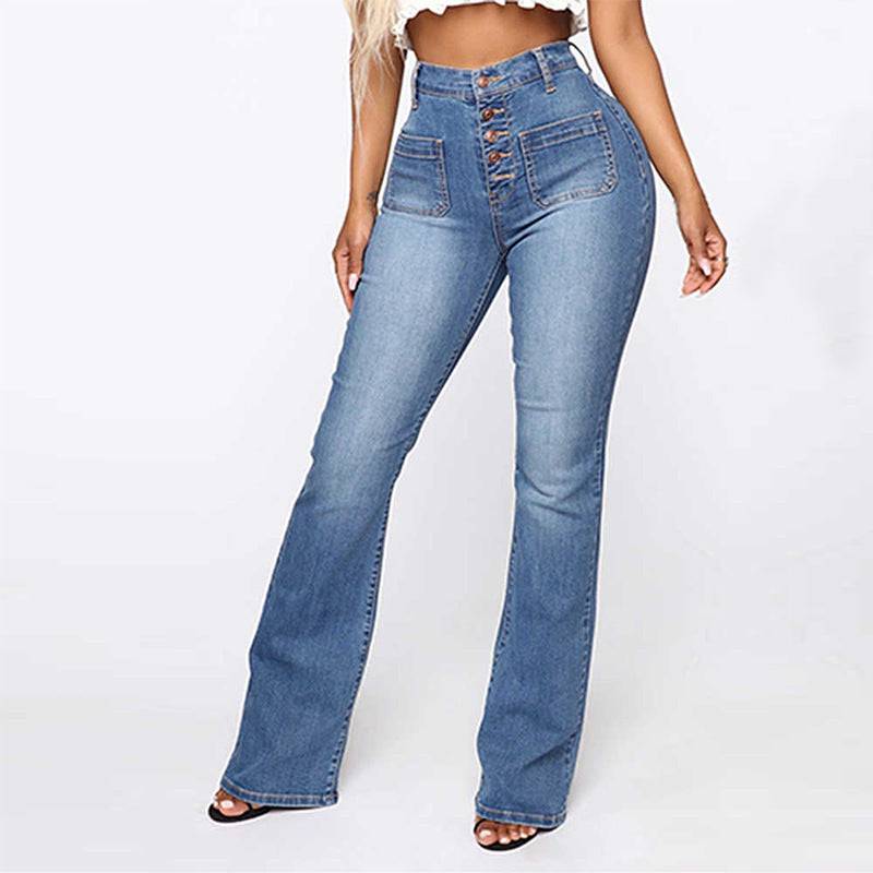 Plus Size Jeans Women Patch Pocket Washed Ladies High Waist Denim Trousers - Clothing Personality
