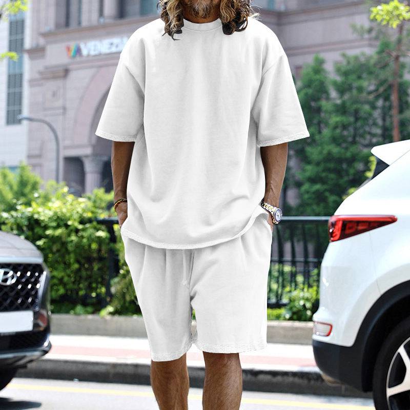 2pcs Loose Sports Shorts Set Suits Summer Round Neck Short Sleeve T-shirt And Drawstring Pockets Shorts Casual Solid Color Set Mens Clothing - Clothing Personality