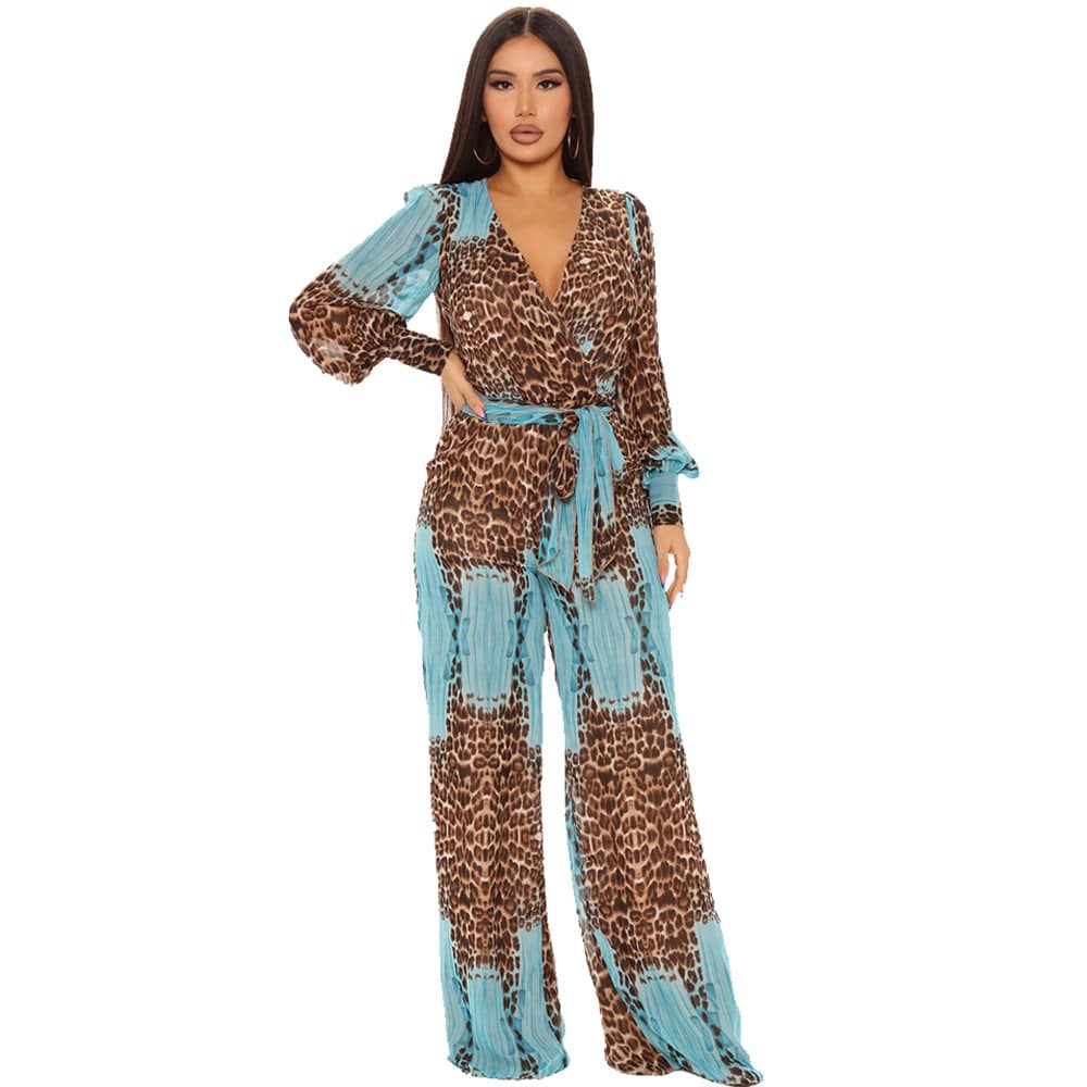 Fashion Digital Printing Long V-neck Chiffon Jumpsuit - Clothing Personality