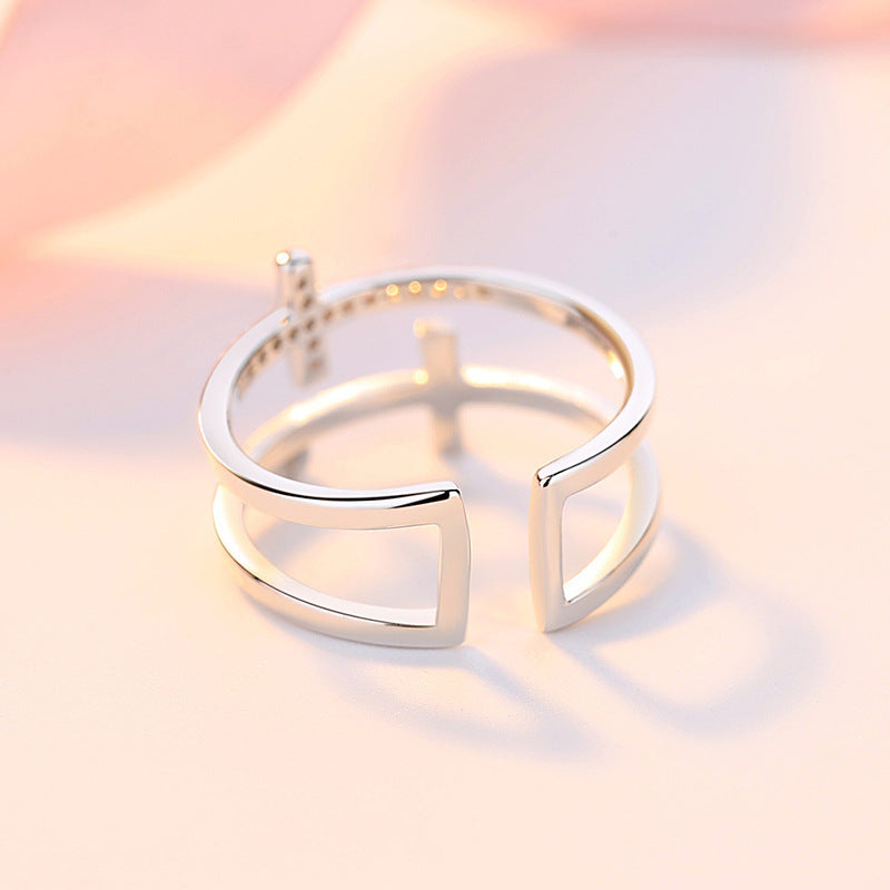 Double Cross Miniature Copper Inlaid Zircon Ring - Clothing Personality