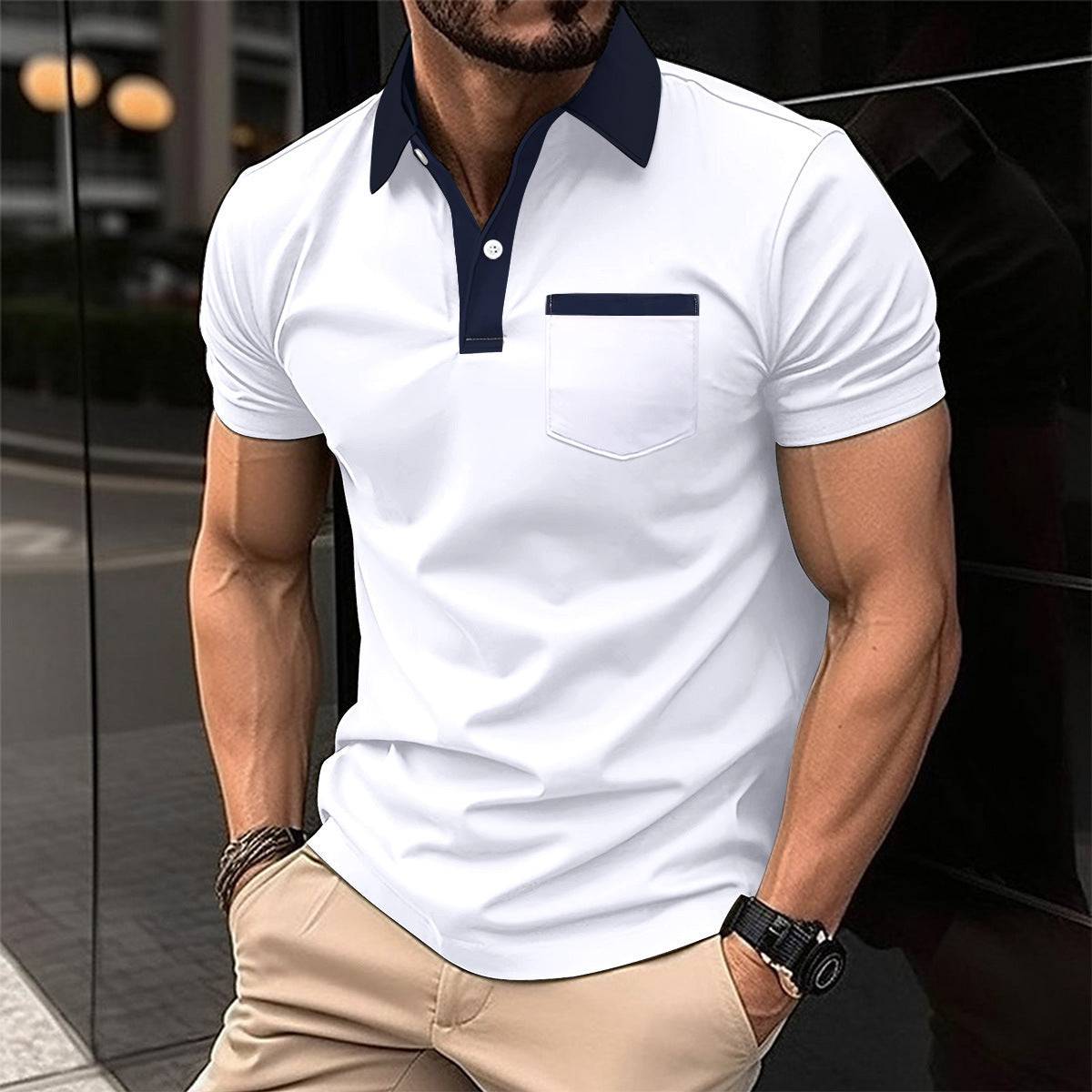 Men's Lapel Fashion Slim Pocket Short-sleeved T-shirt Polo Shirt - Clothing Personality